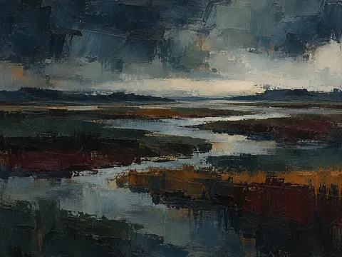 A salt marsh at low tide with winding channels in black, charcoal, forest green, gray; landscape artwork.