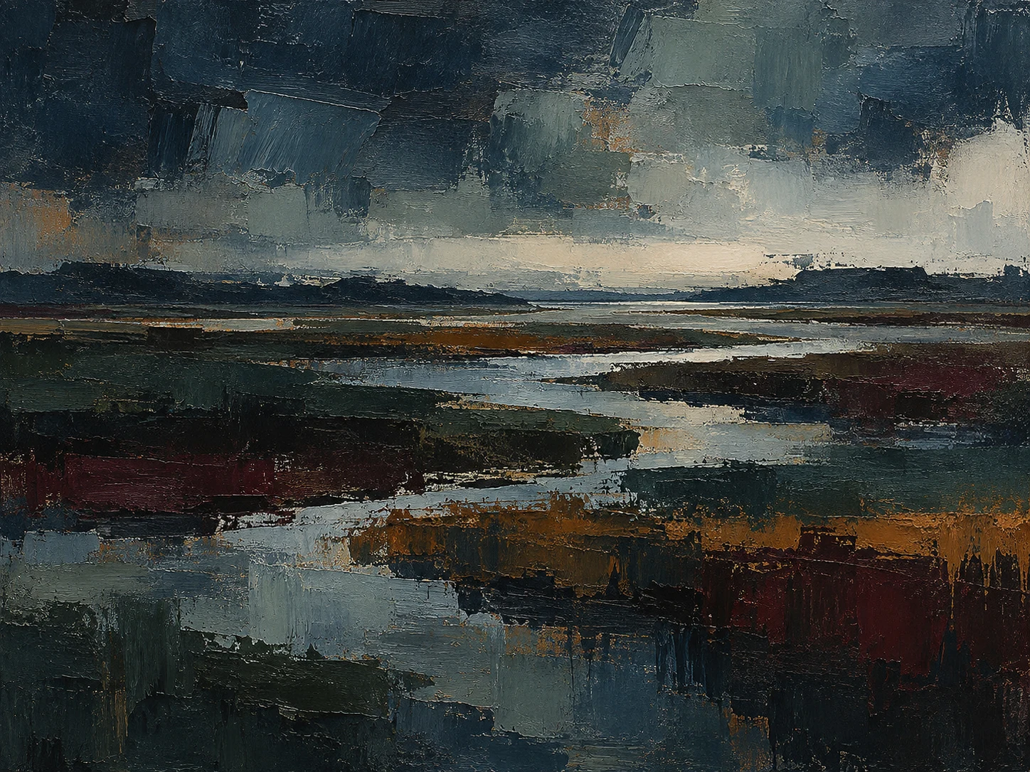 A salt marsh at low tide with winding channels in black, charcoal, forest green, gray; landscape artwork.