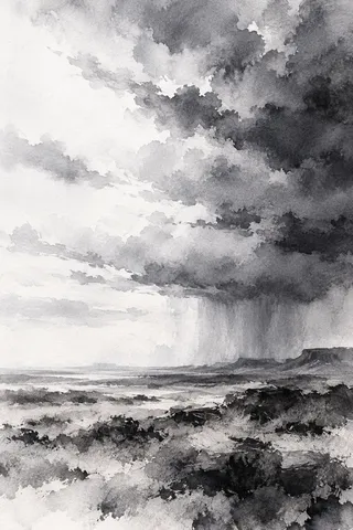 A high plains thunderstorm on the horizon in white, gray, charcoal, stone; portrait artwork.
