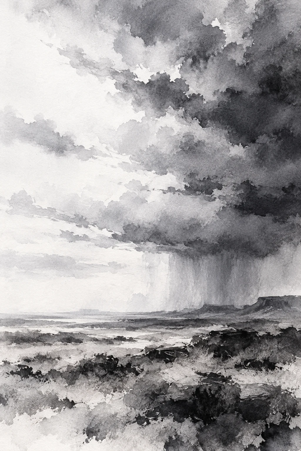 A high plains thunderstorm on the horizon in white, gray, charcoal, stone; portrait artwork.