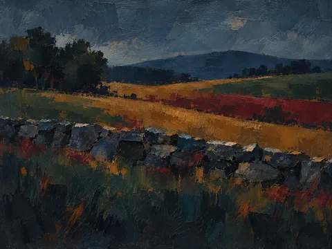 A New England stone wall crossing a field in black, charcoal, navy; landscape artwork.