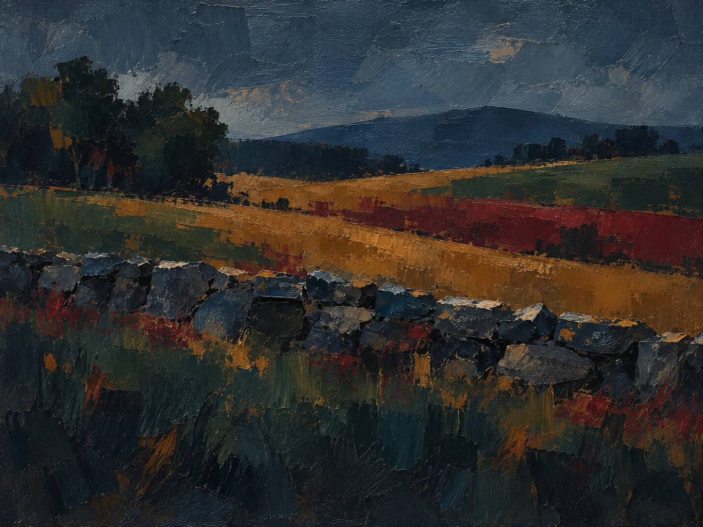 A New England stone wall crossing a field in black, charcoal, navy; landscape artwork.