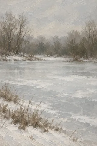 A frozen pond ringed with bare trees in stone, gray, cream, olive; portrait artwork.