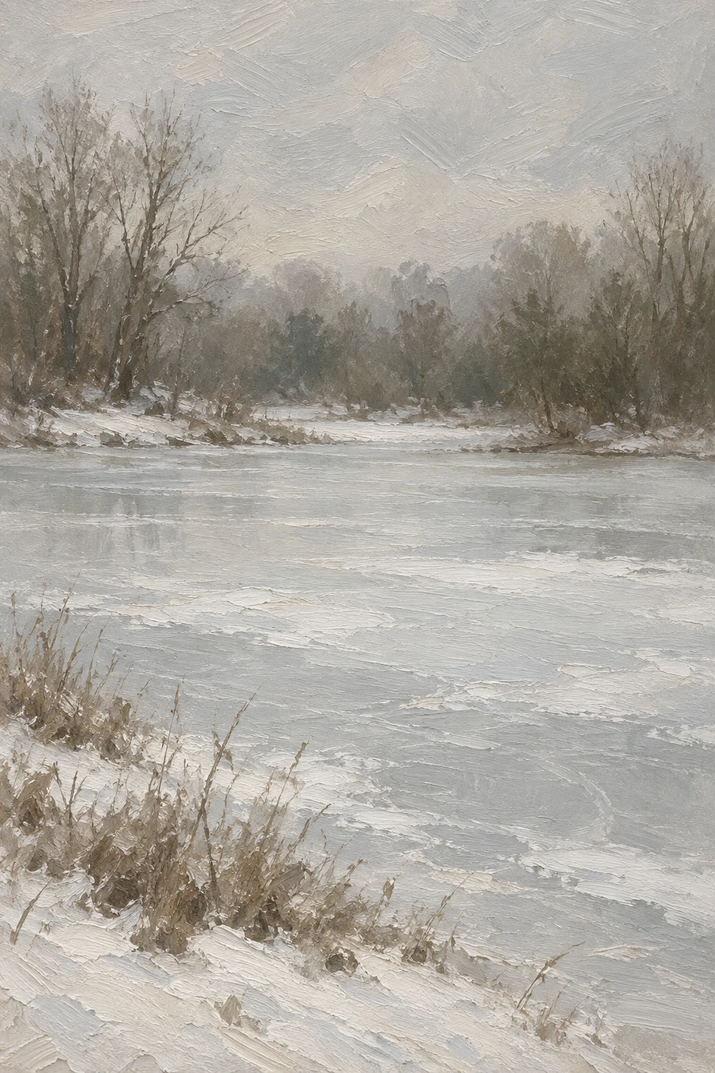 A frozen pond ringed with bare trees in stone, gray, cream, olive; portrait artwork.