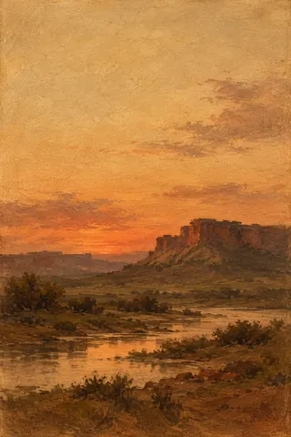 A red-rock mesa at dusk in blush, brown, sand, rust; portrait artwork.