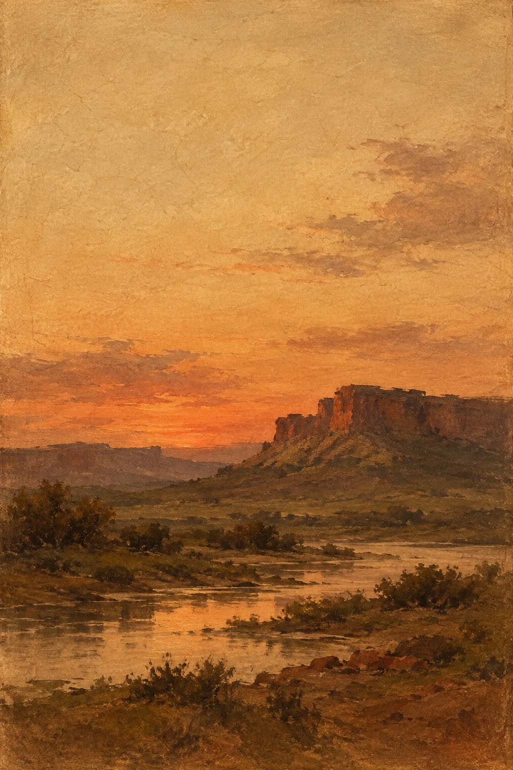 A red-rock mesa at dusk in blush, brown, sand, rust; portrait artwork.