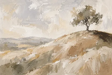 A hill with one tree at the top in cream, stone, sage, sand; landscape artwork.