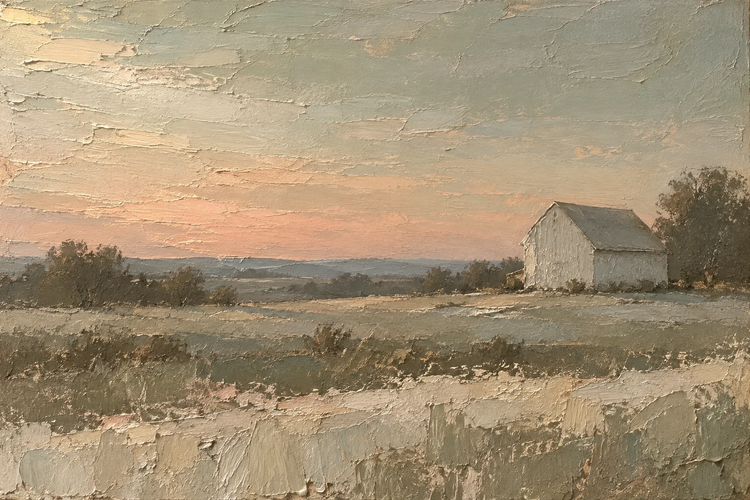 A lone barn on a Midwest horizon in sand, taupe, stone, sage; landscape artwork.