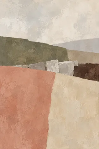 A New England stone wall crossing a field in stone, cream, blush, olive; portrait artwork.