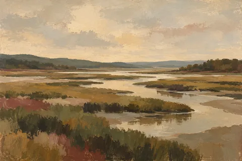 A salt marsh at low tide with winding channels in stone, brown, taupe, cream; landscape artwork.