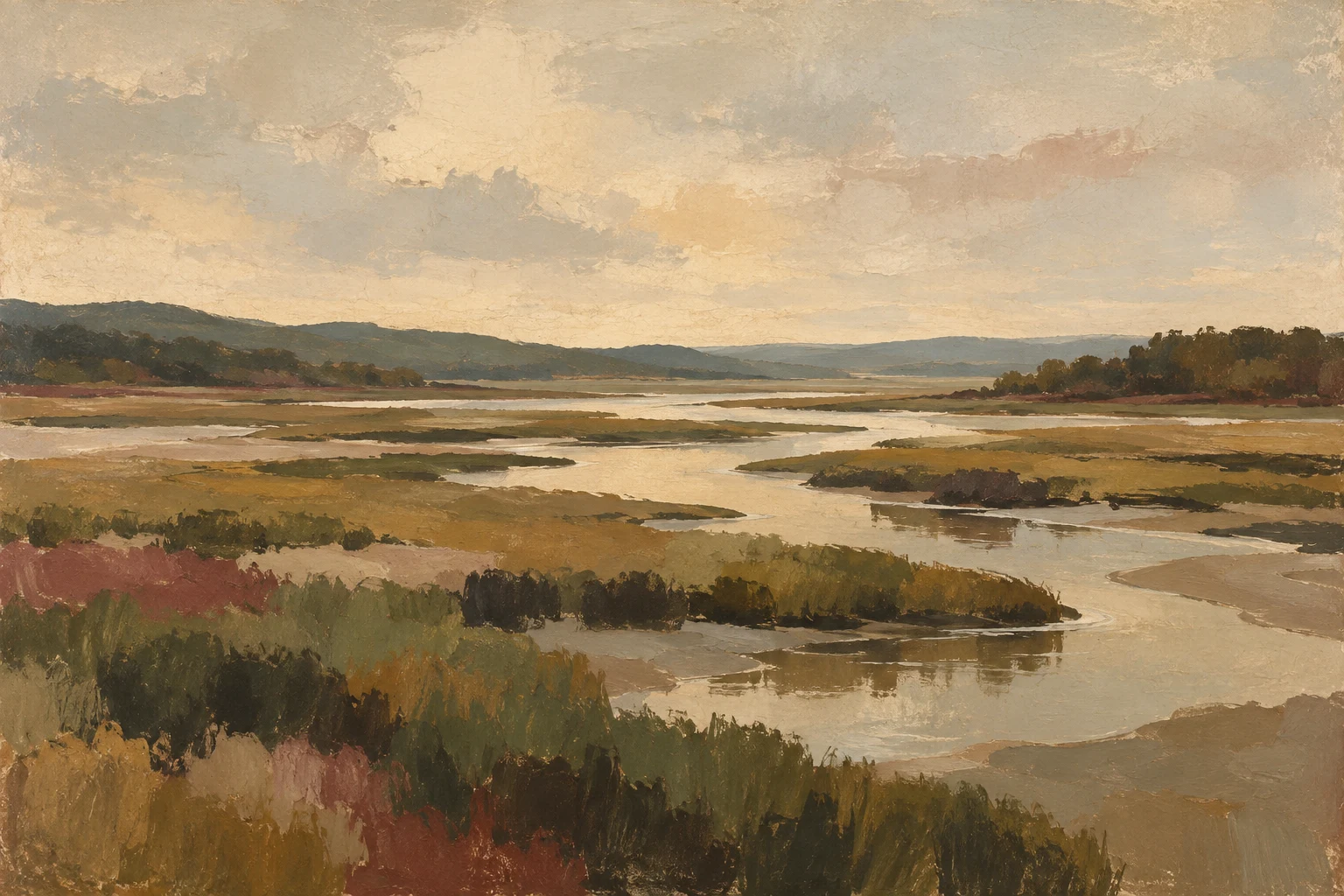 A salt marsh at low tide with winding channels in stone, brown, taupe, cream; landscape artwork.
