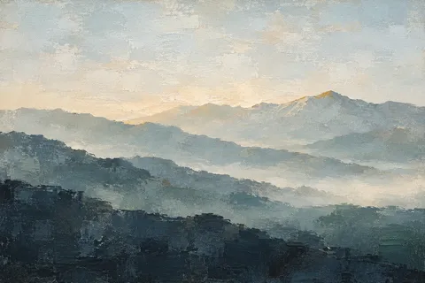 Layered mountain silhouettes at dawn in cream, stone, black, gray; landscape artwork.