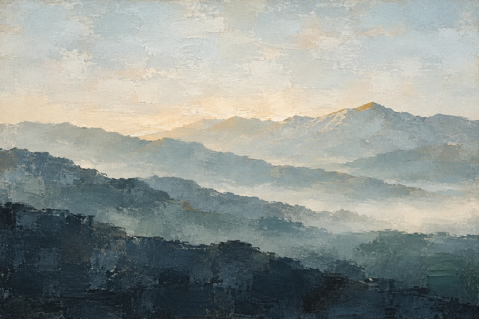 Layered mountain silhouettes at dawn in cream, stone, black, gray; landscape artwork.