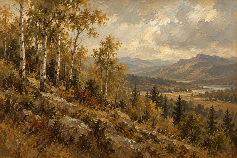 Aspen trunks on a Colorado hillside in brown, sand, olive, stone; landscape artwork.