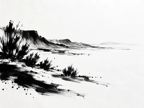 A desert wash with sagebrush in white, black, gray; landscape artwork.