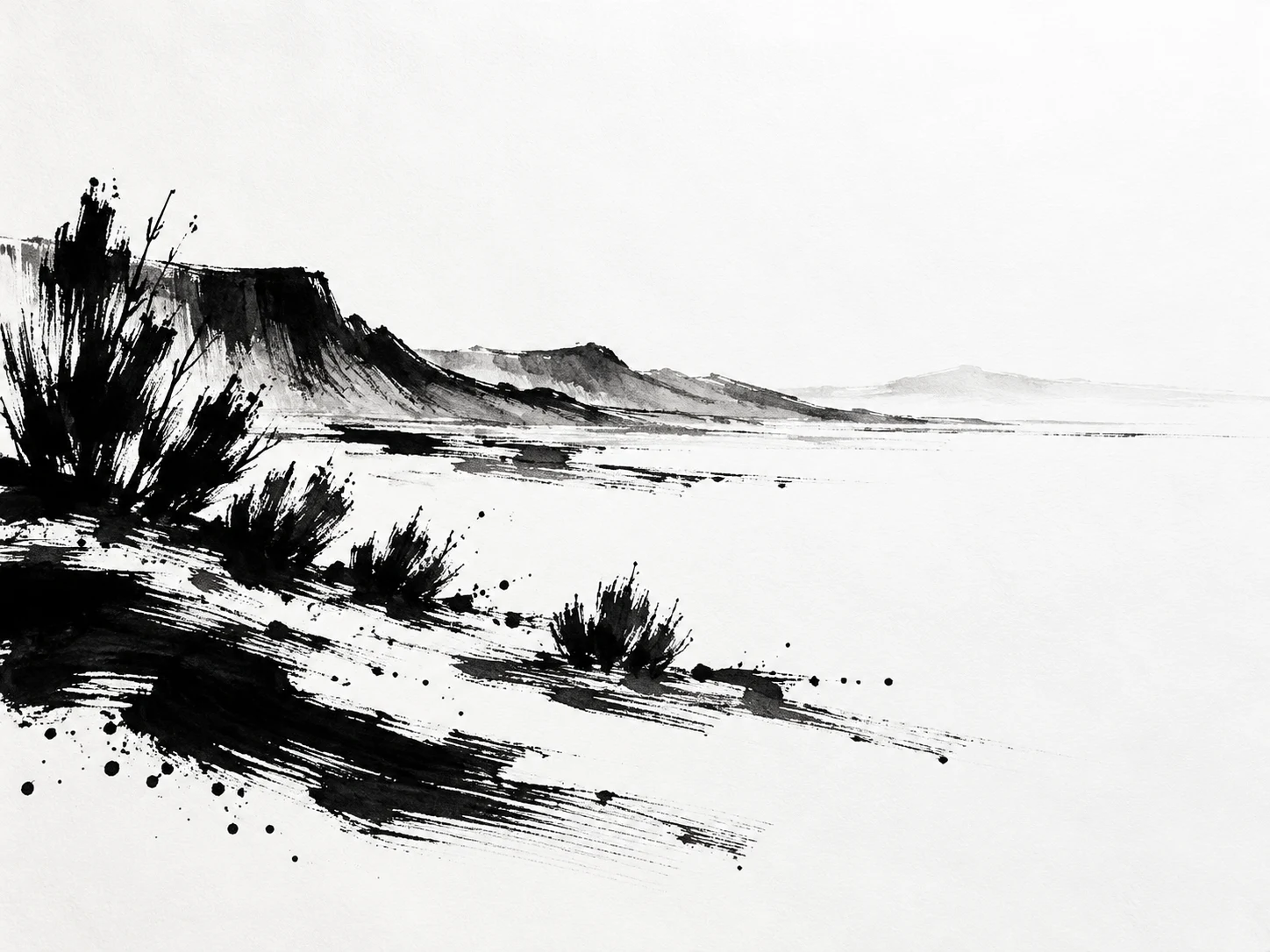 A desert wash with sagebrush in white, black, gray; landscape artwork.