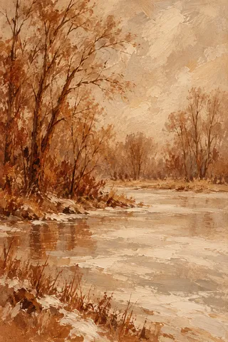 A frozen pond ringed with bare trees in sand, terracotta, ochre, blush; portrait artwork.