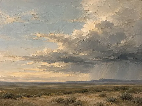 A high plains thunderstorm on the horizon in stone, gray, olive, taupe; landscape artwork.