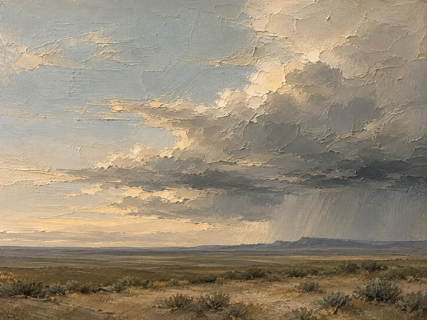 A high plains thunderstorm on the horizon in stone, gray, olive, taupe; landscape artwork.