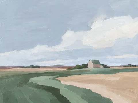 A lone barn on a Midwest horizon in sky blue, cream, stone, charcoal; landscape artwork.