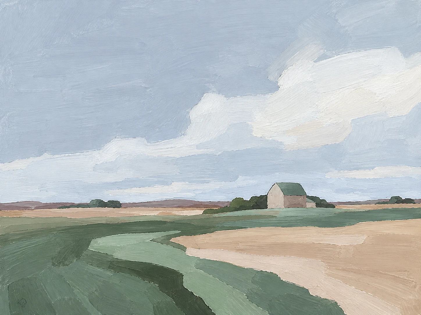 A lone barn on a Midwest horizon in sky blue, cream, stone, charcoal; landscape artwork.