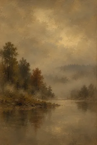 A foggy Pacific Northwest tree line in taupe, brown, olive, burgundy; portrait artwork.