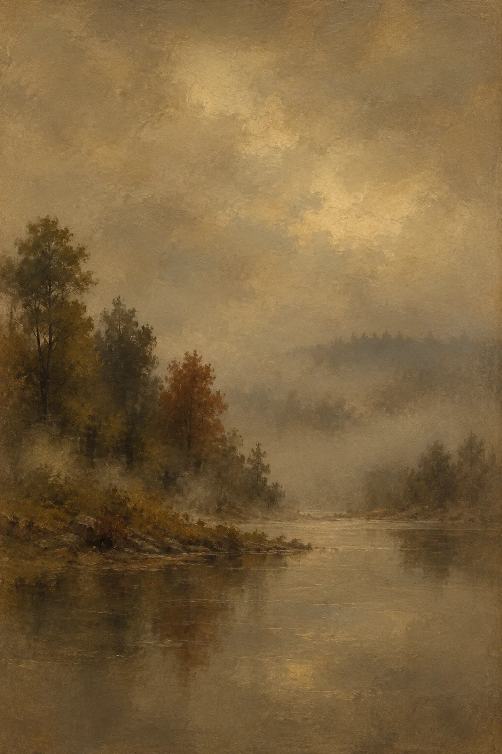 A foggy Pacific Northwest tree line in taupe, brown, olive, burgundy; portrait artwork.