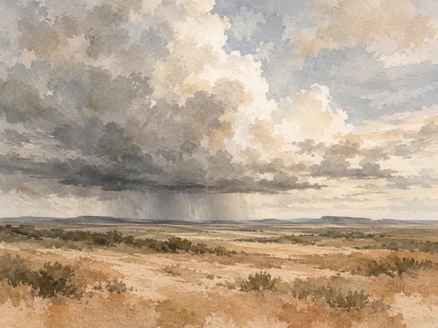 A high plains thunderstorm on the horizon in cream, stone, gray, taupe; landscape artwork.