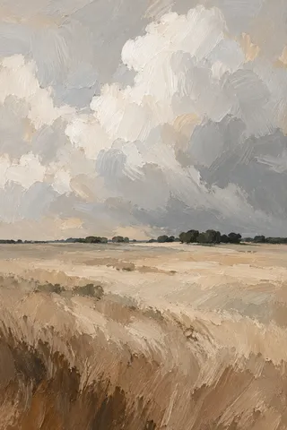 A prairie under a towering cloud bank in stone, taupe, sand, cream; portrait artwork.