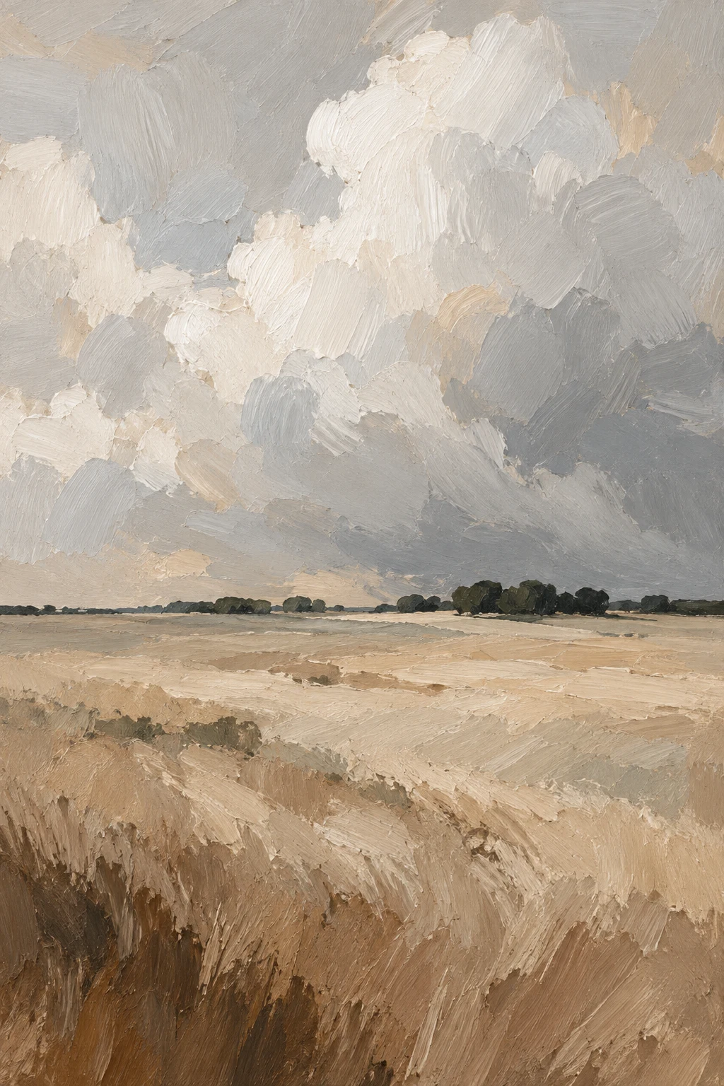 A prairie under a towering cloud bank in stone, taupe, sand, cream; portrait artwork.