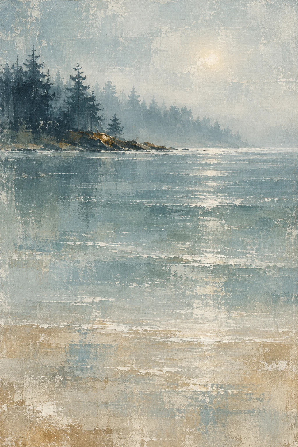 A foggy Pacific Northwest tree line in stone, gray, cream, olive; portrait artwork.