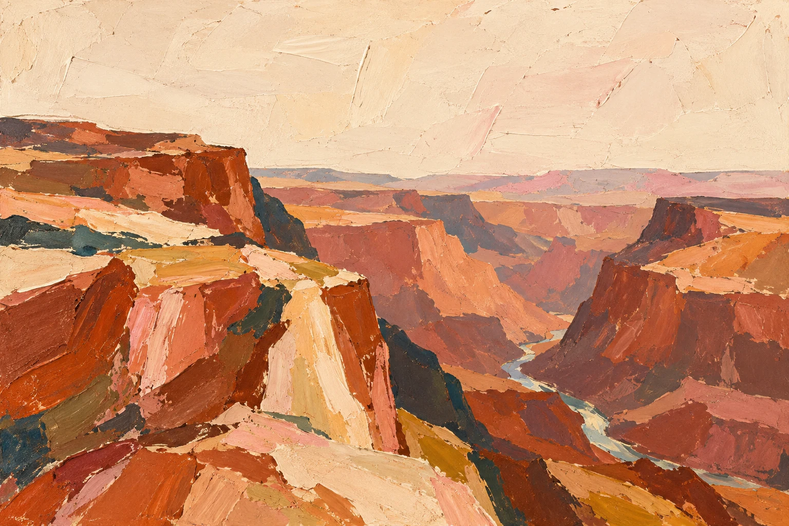 A canyon rim with a sliver of river far below in cream, terracotta, ochre, rust; landscape artwork.