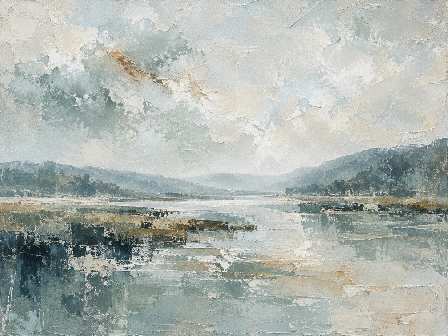 A low river valley under soft overcast light in cream, stone, gray, charcoal; landscape artwork.