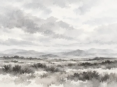 Scrubland with distant hills in cream, white, stone, gray; landscape artwork.