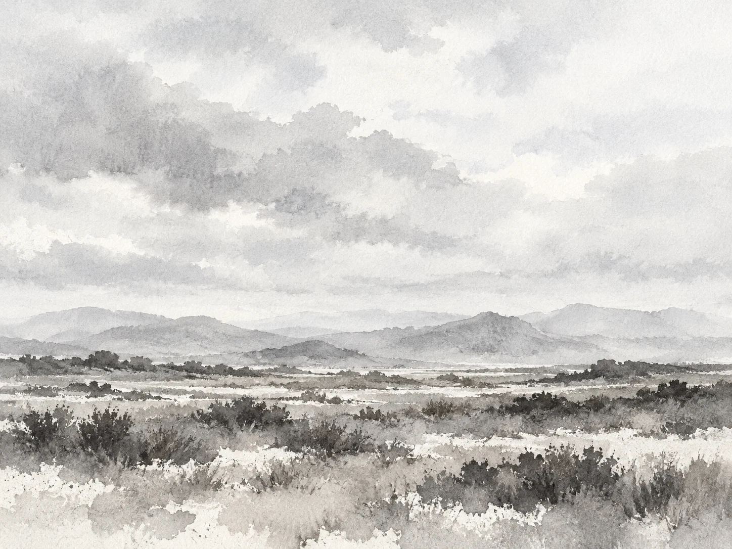 Scrubland with distant hills in cream, white, stone, gray; landscape artwork.