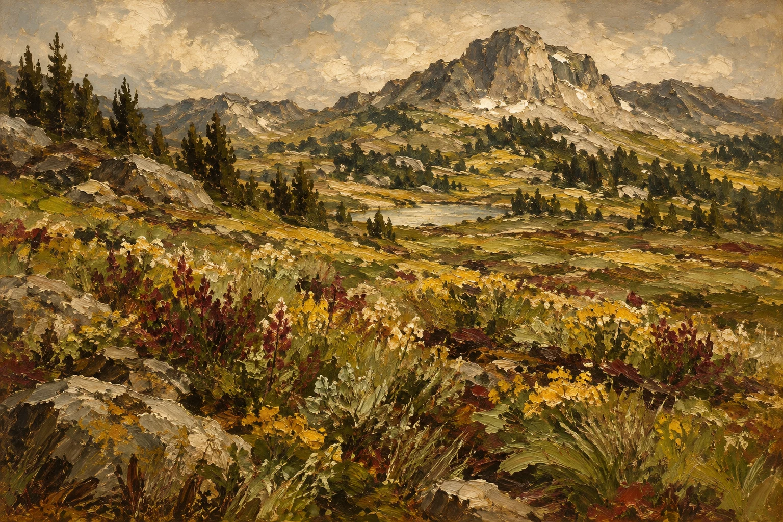 A meadow of wildflowers below a granite peak in brown, ochre, olive, sand; landscape artwork.