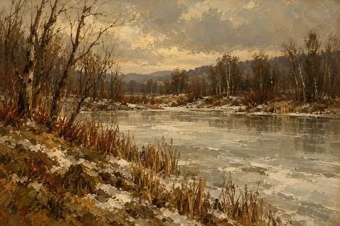 A frozen pond ringed with bare trees in brown, taupe, sage, olive; landscape artwork.