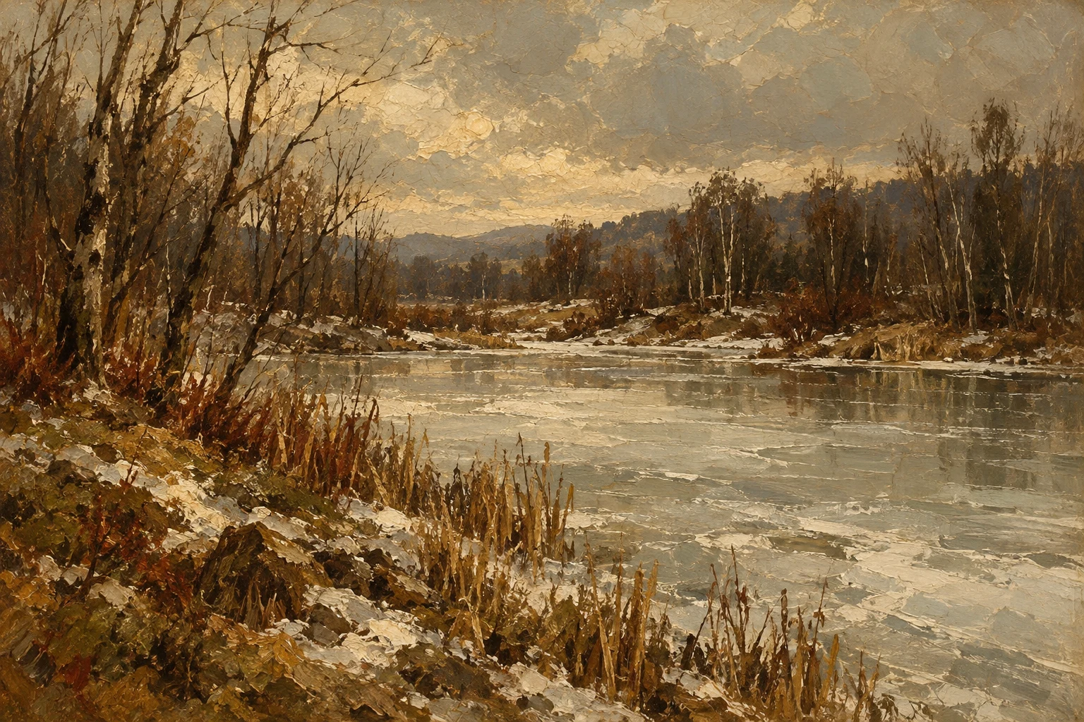 A frozen pond ringed with bare trees in brown, taupe, sage, olive; landscape artwork.