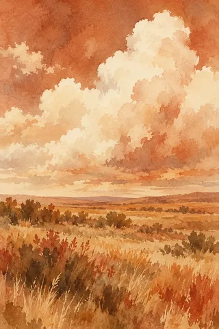A prairie under a towering cloud bank in cream, blush, terracotta, orange; portrait artwork.