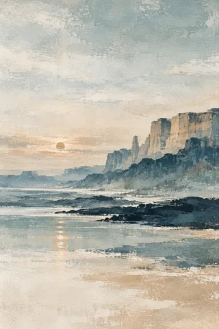 A red-rock mesa at dusk in cream, stone, gray, blue; portrait artwork.