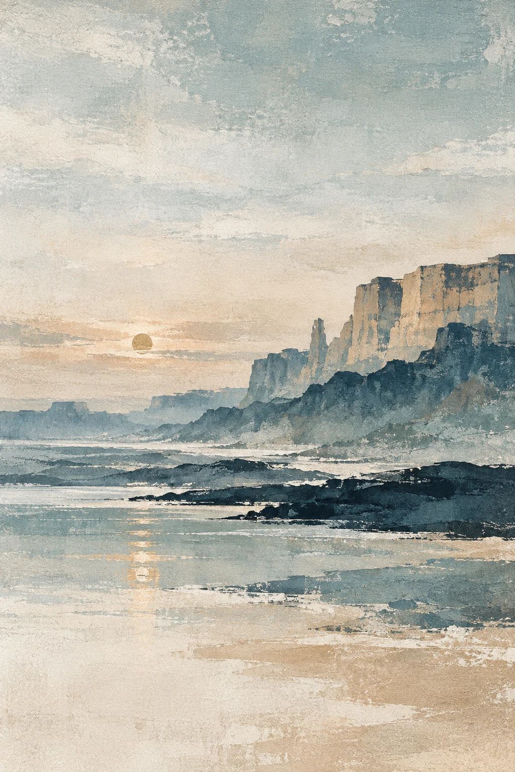 A red-rock mesa at dusk in cream, stone, gray, blue; portrait artwork.