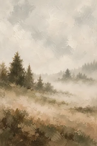 A foggy Pacific Northwest tree line in cream, stone, brown, taupe; portrait artwork.