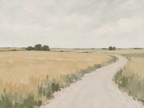A wheat field with a gravel road in cream, stone, sand, sage; landscape artwork.