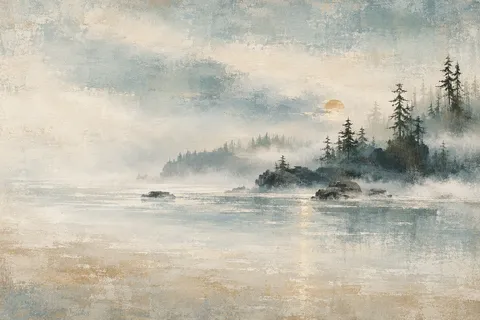 A foggy Pacific Northwest tree line in stone, cream, gray; landscape artwork.