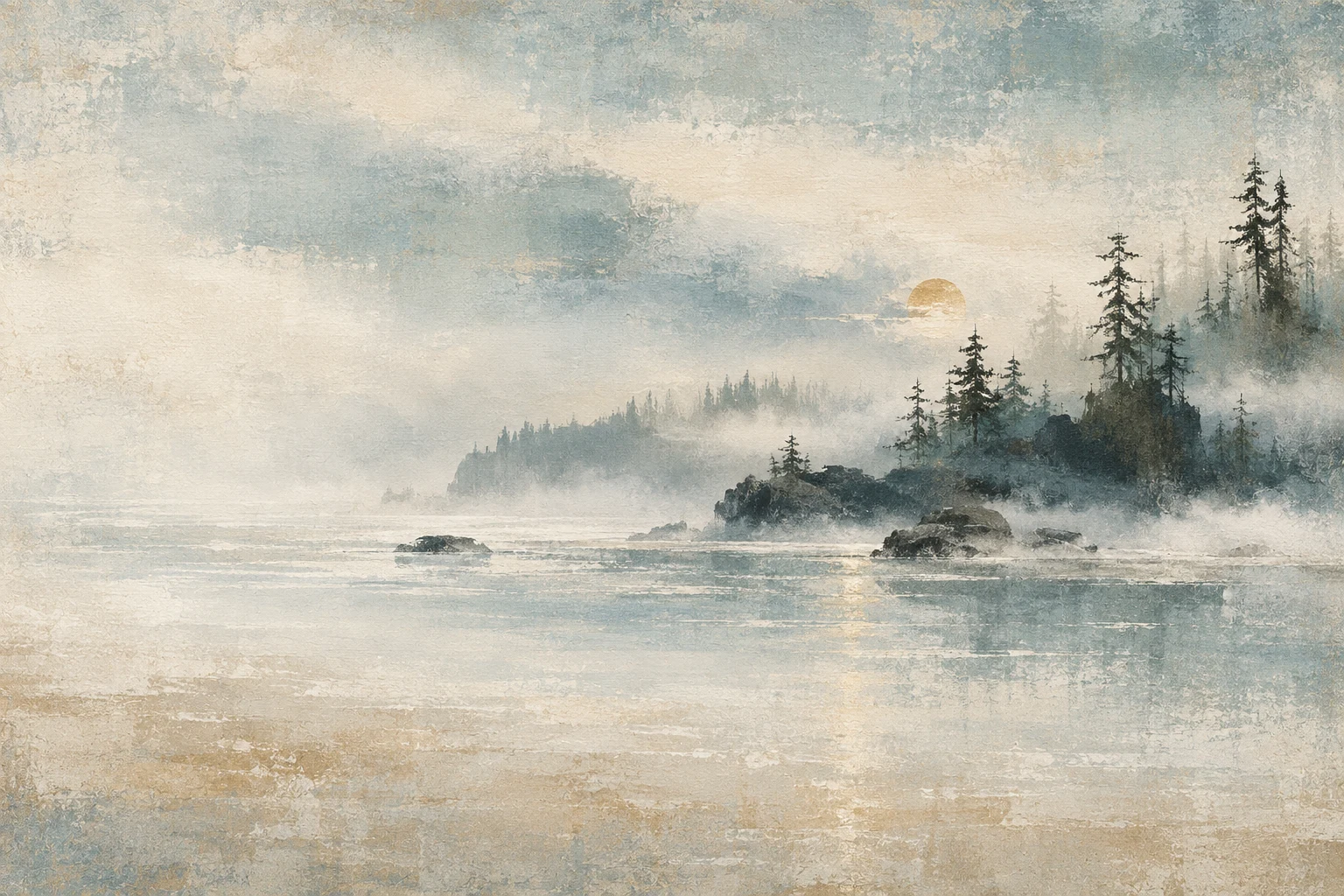 A foggy Pacific Northwest tree line in stone, cream, gray; landscape artwork.