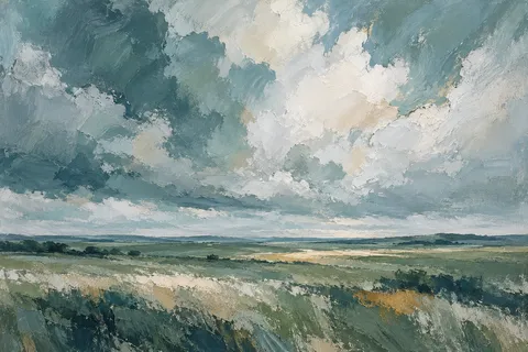 A prairie under a towering cloud bank in gray, stone, olive, cream; landscape artwork.