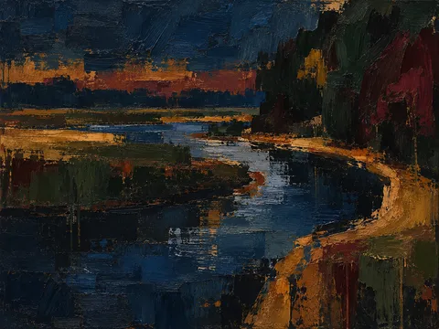 A bend in a slow southern river in black, brown, charcoal; landscape artwork.