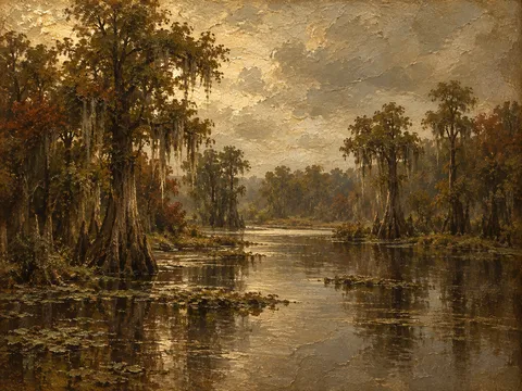 A cypress swamp in still water in brown, taupe, burgundy, sand; landscape artwork.