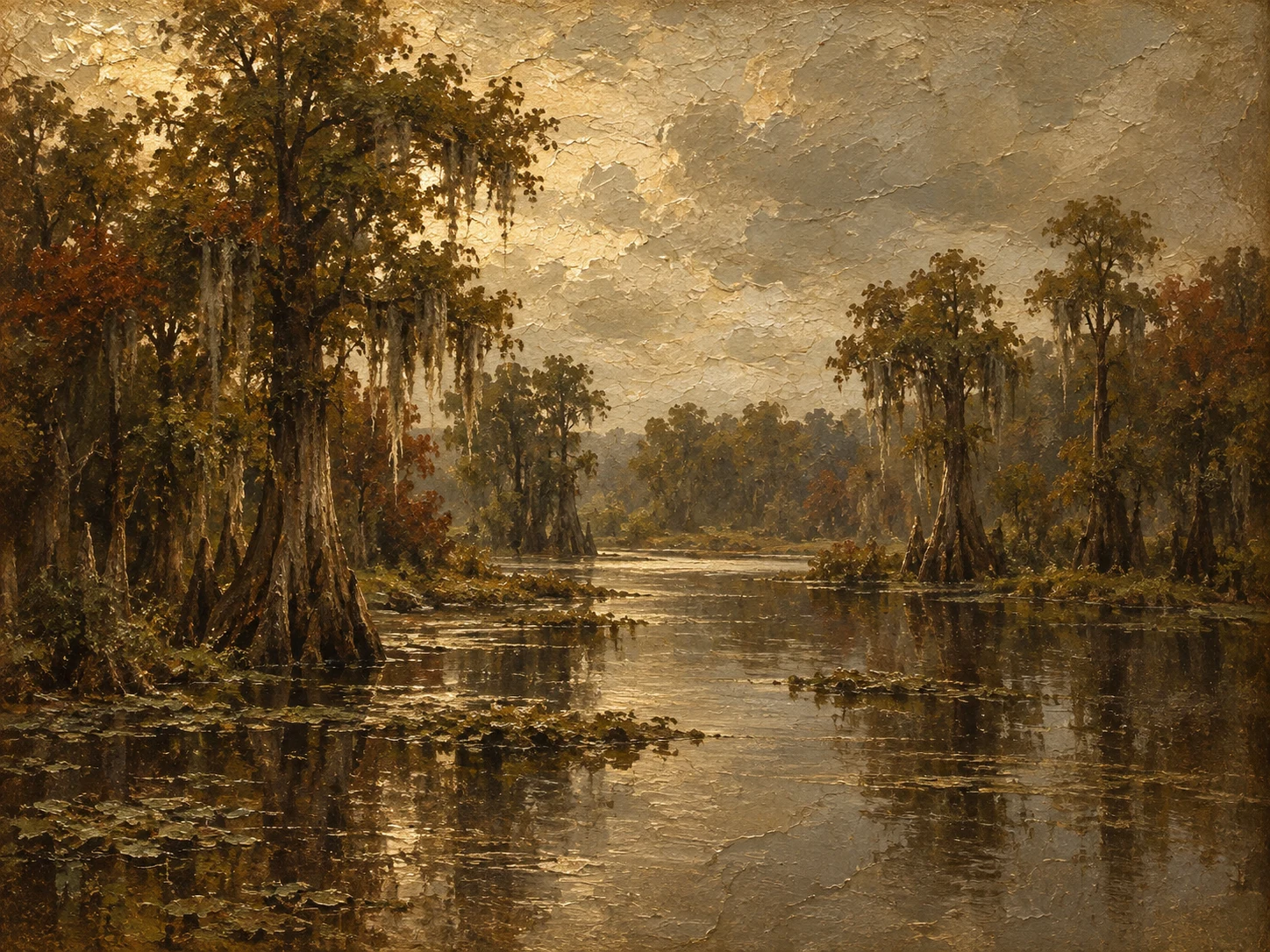 A cypress swamp in still water in brown, taupe, burgundy, sand; landscape artwork.