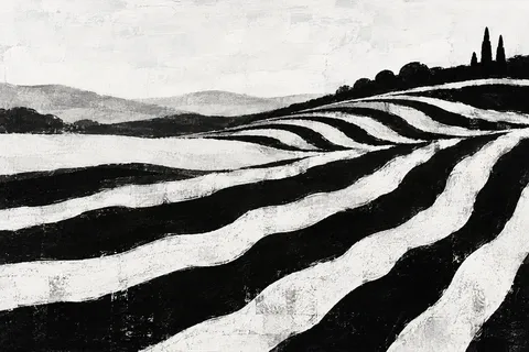 Rolling vineyard rows in late light in black, white, cream, gray; landscape artwork.